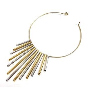 Statement Fan Necklace Round Wire Multi Asymmetric Cylinders Gold Silver Tone